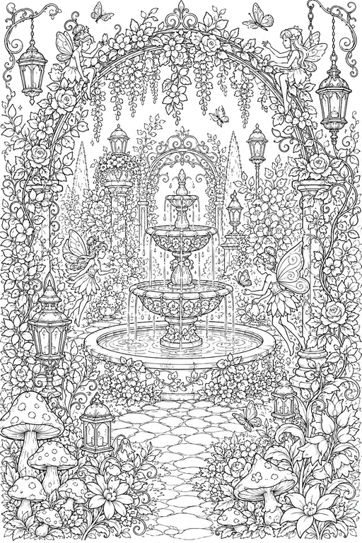 Wasserbrunnen im Verzauberten Garten Ausmalbild