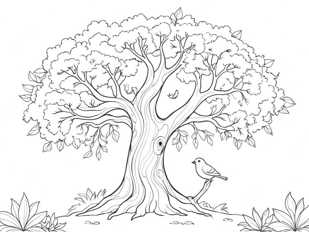 Großer Baum mit Vogel Ausmalbild