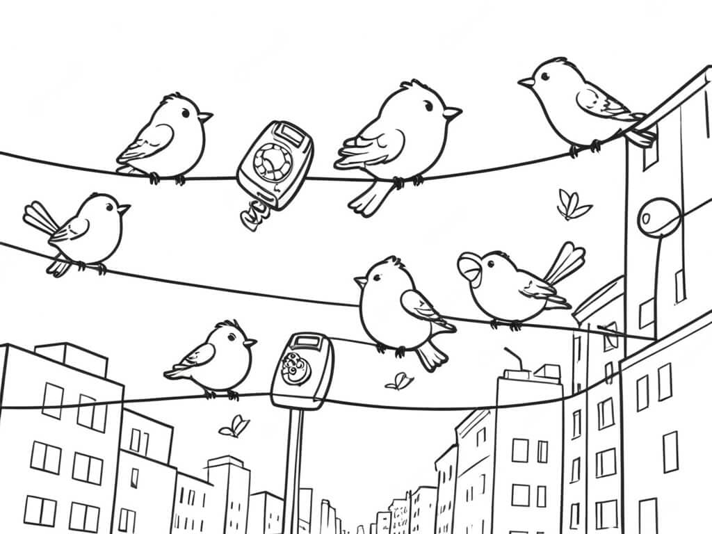 Vögel auf Stromleitungen Ausmalbild