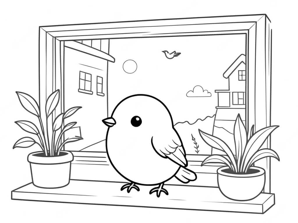 Vogel am Fenster Ausmalbild