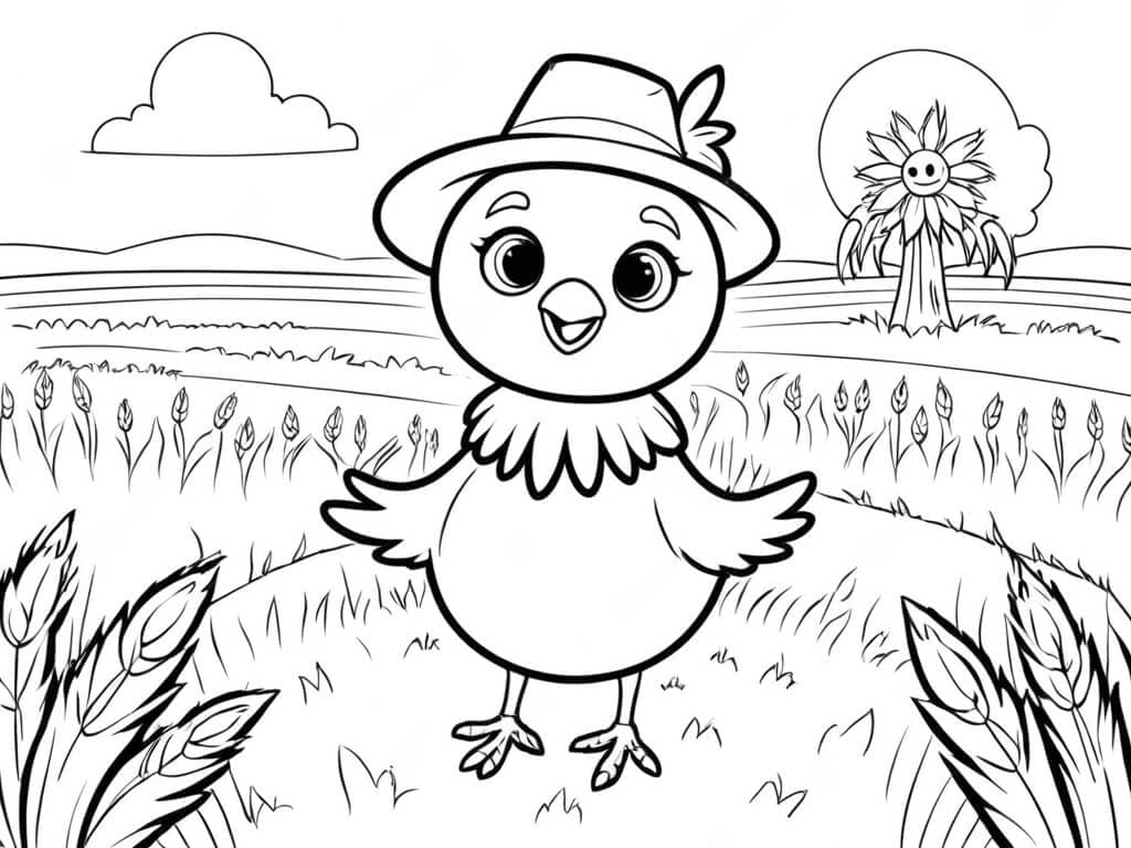 Vogel mit Hut auf dem Feld Ausmalbild