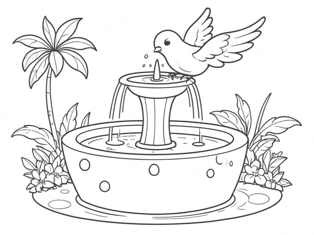 Vogel trinkt aus Brunnen Ausmalbild