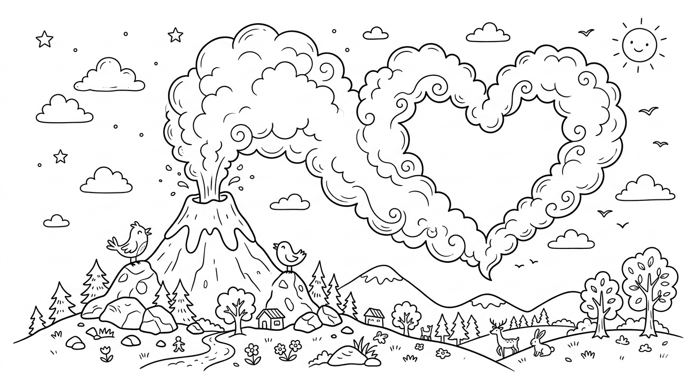 Vulkan mit herzförmigem Rauch Ausmalbild