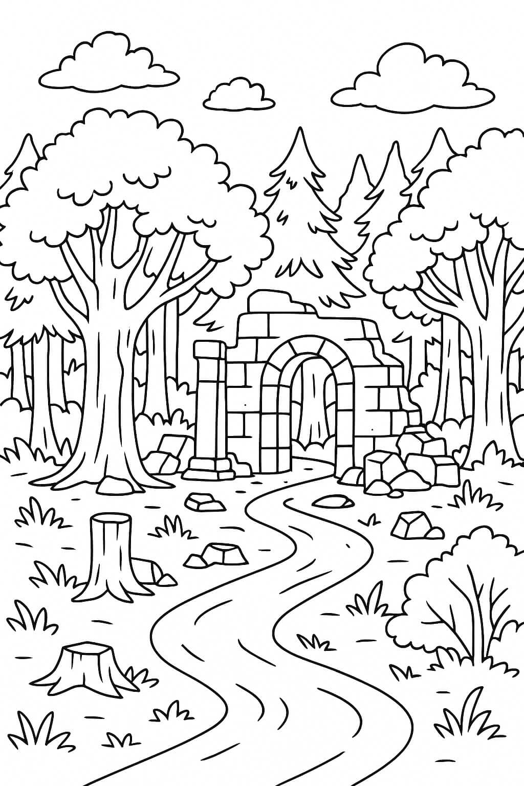 Ruinen im Wald zum Ausmalen