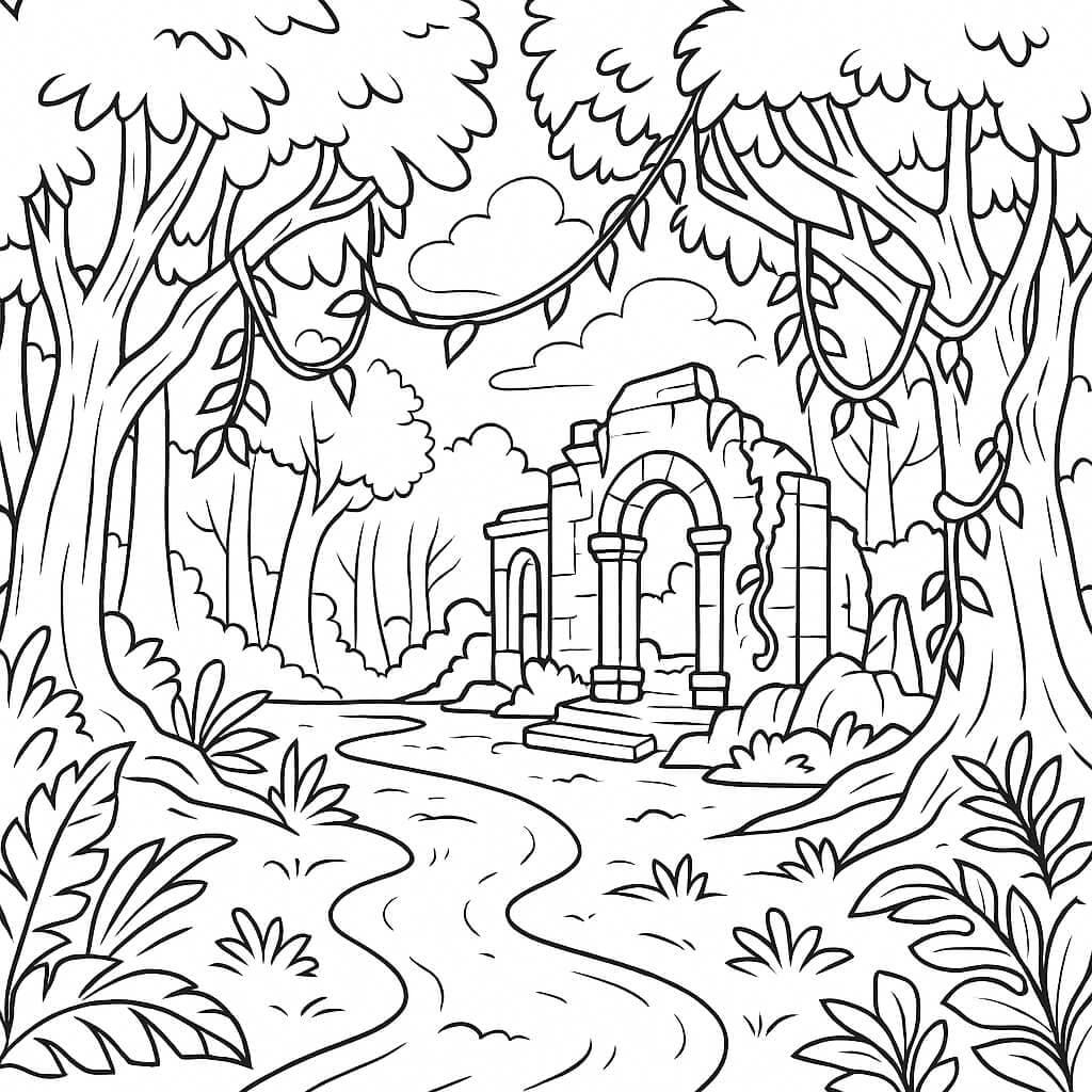 Tempelruinen im Wald zum Ausmalen