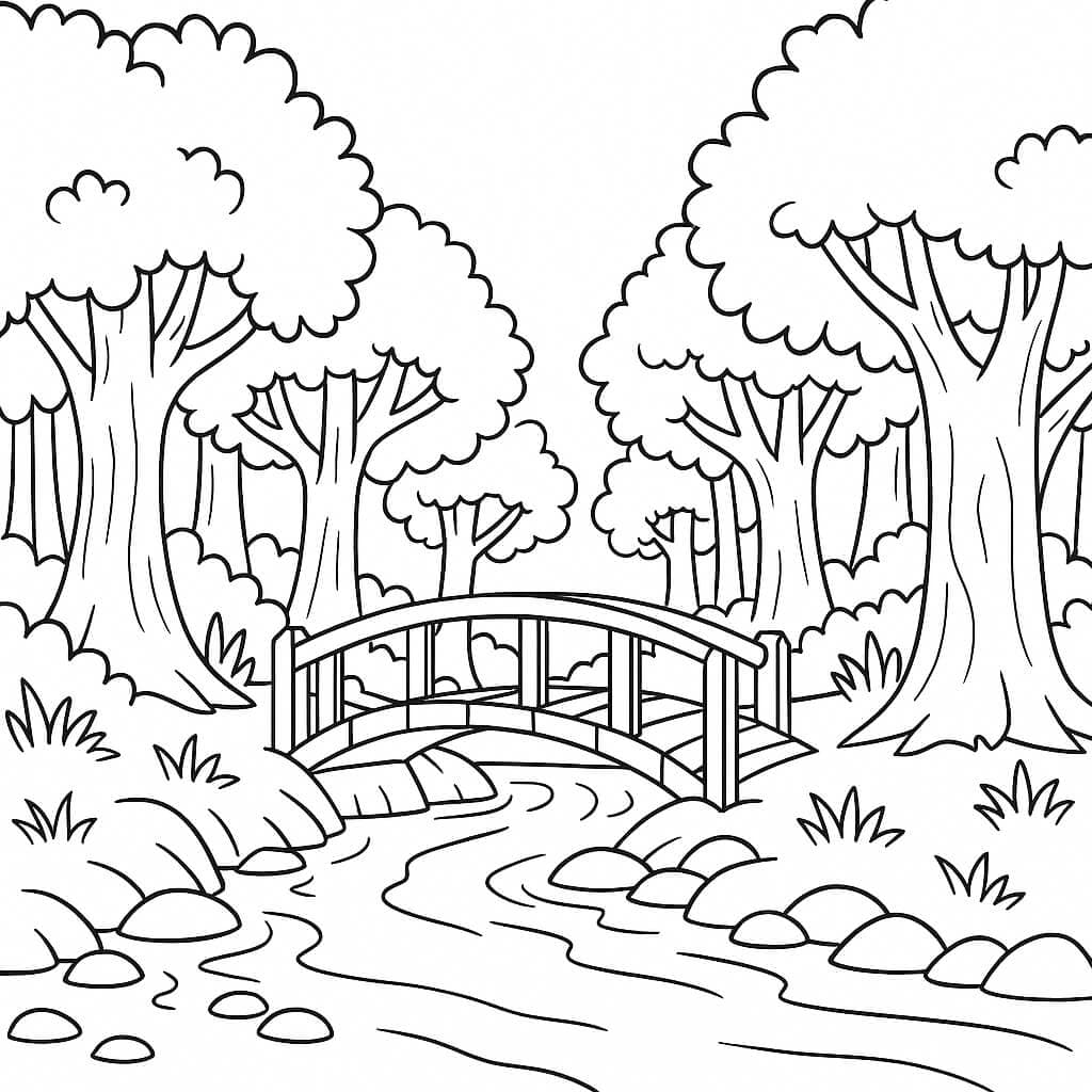 Wald mit Brücke zum Ausmalen