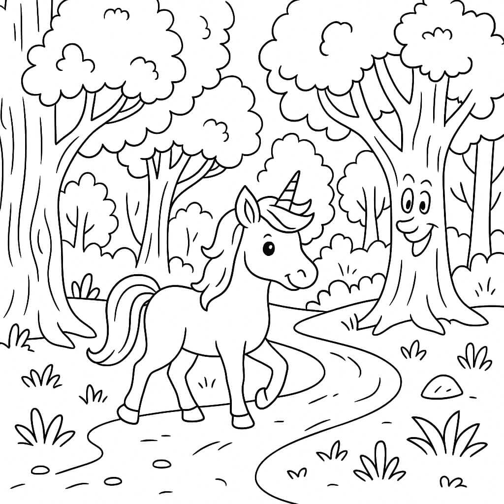 Wald mit Einhorn zum Ausmalen