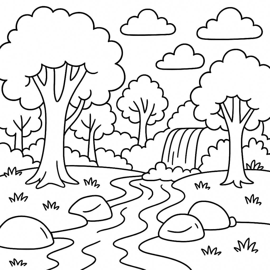 Wald mit Wasserfall zum Ausmalen