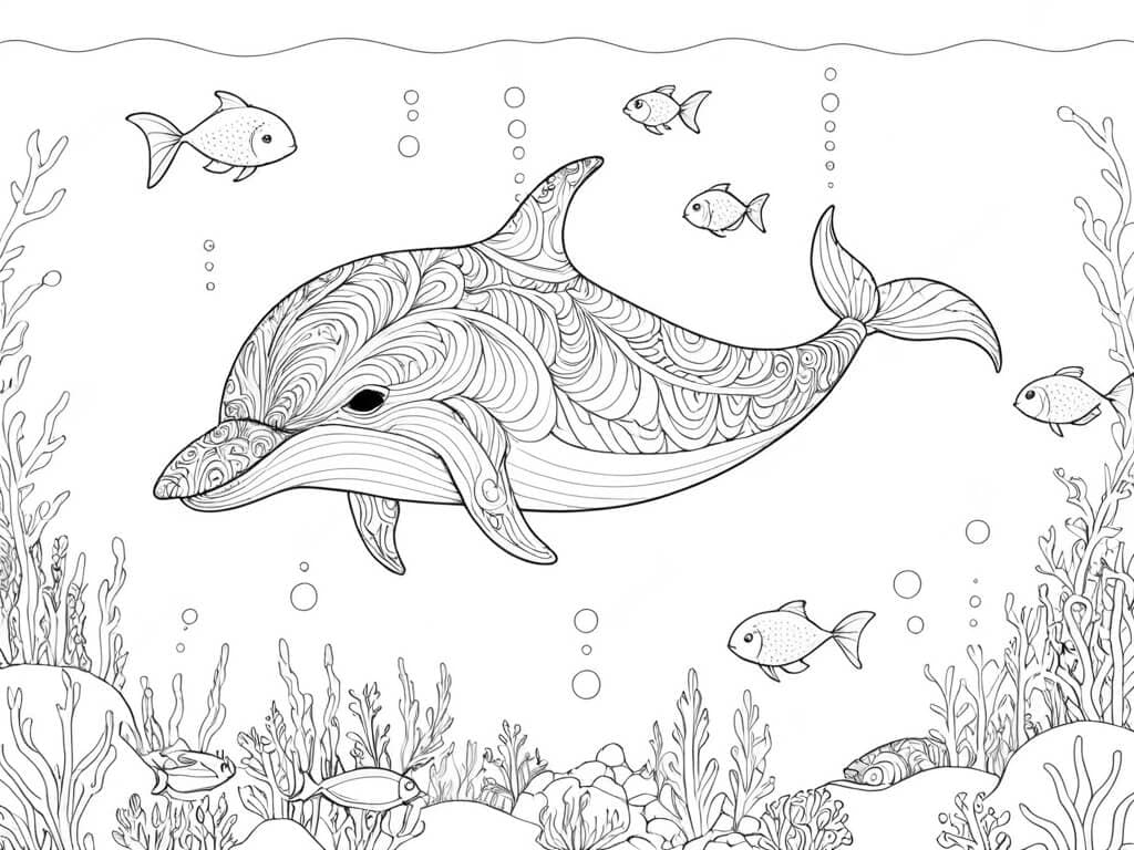 Wal-Mandala mit Fischen – Ausmalbild