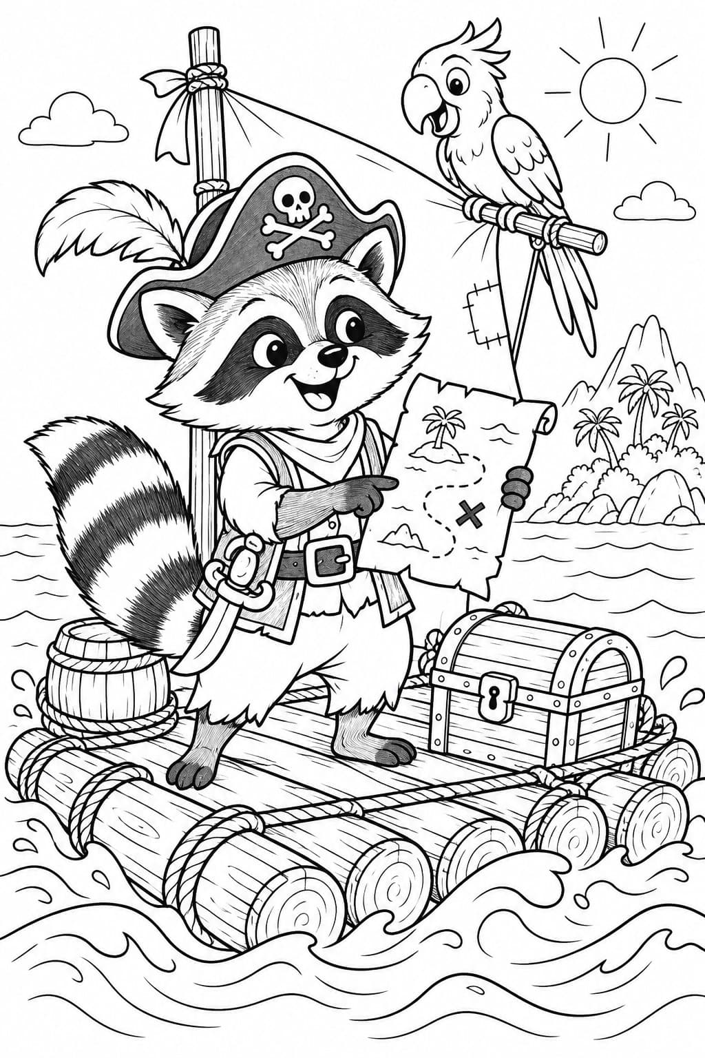 Piraten Waschbär mit Schatzkarte auf einem Floß Ausmalbild