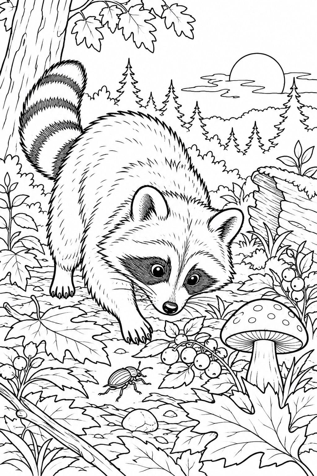 Waschbär sucht im Wald nach Nahrung Ausmalbild