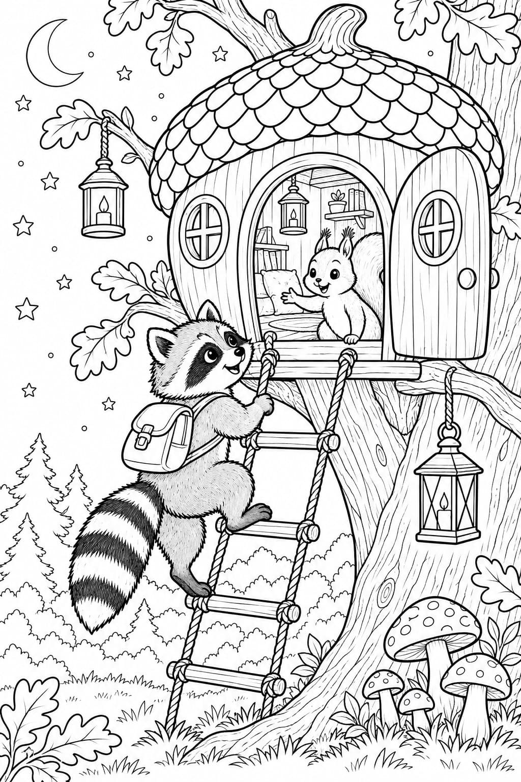 Waschbär am magischen Eichel Baumhaus Ausmalbild