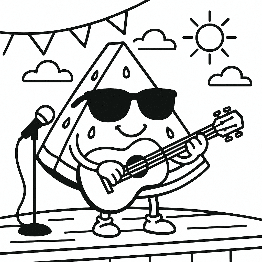 Wassermelone spielt Gitarre Ausmalbild