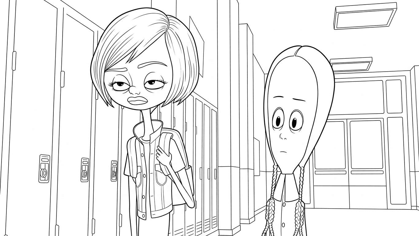 Wednesday in der Schule Ausmalbild