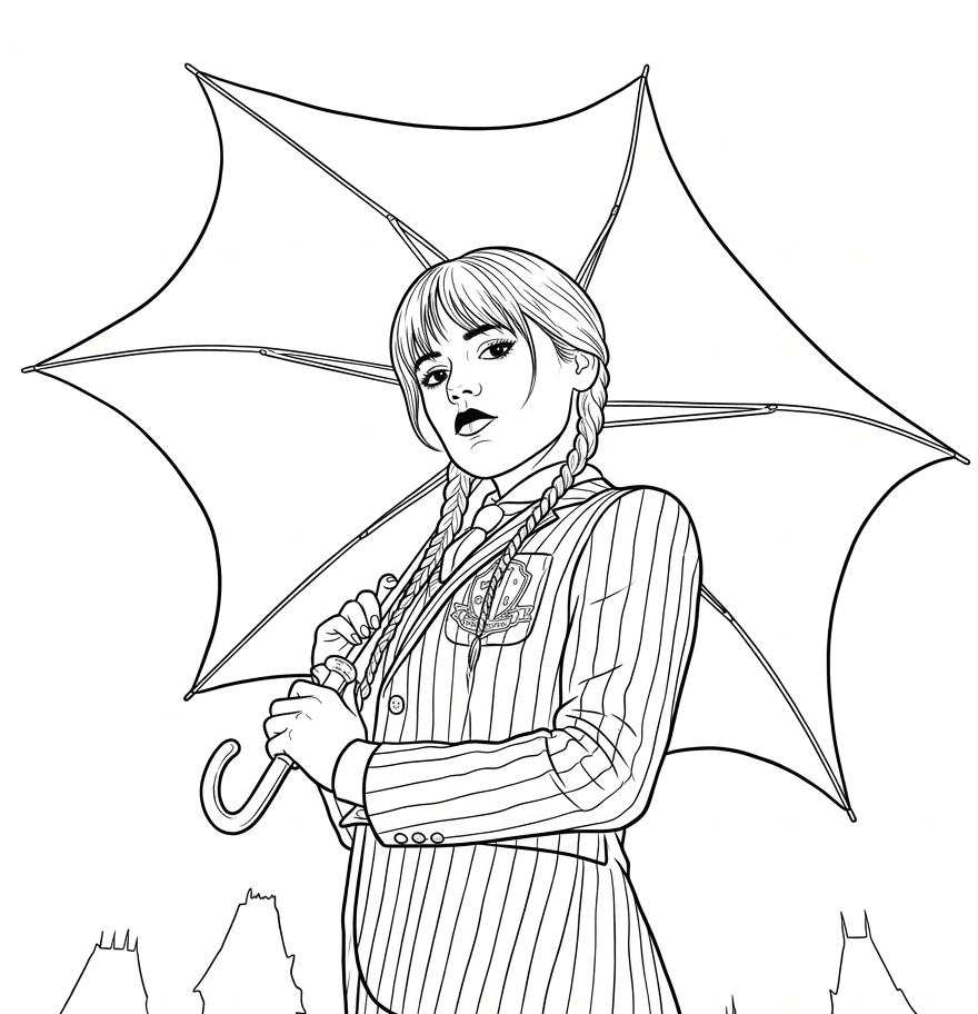 Wednesday mit Regenschirm Ausmalbild