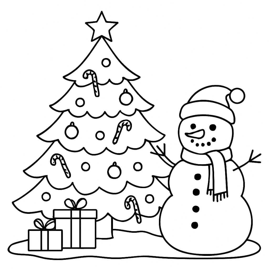 Weihnachtsbaum mit Schneemann Ausmalbild