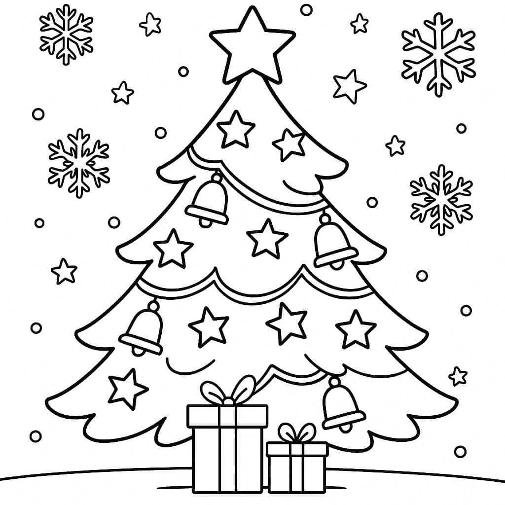 Weihnachtsbaum mit Sternen und Glocken Ausmalbild