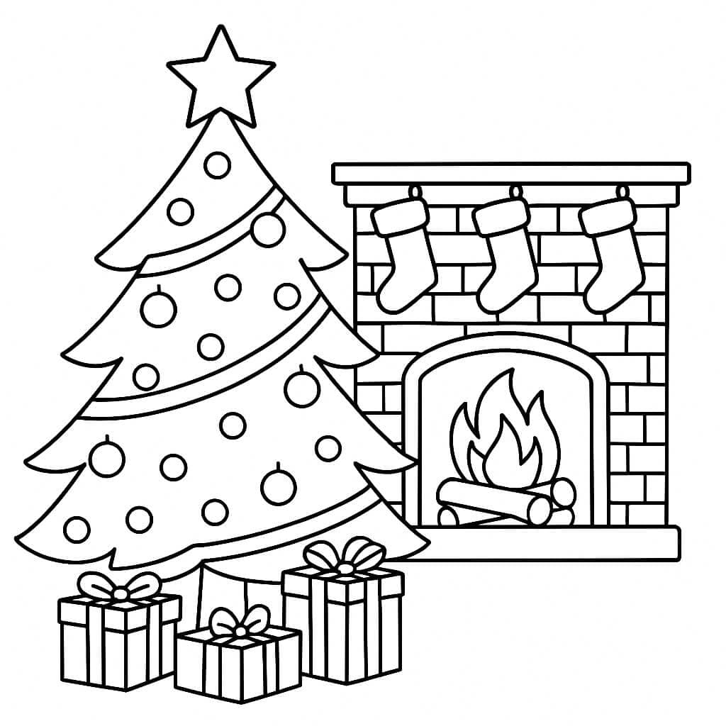 Weihnachtsbaum und Kamin Ausmalbild