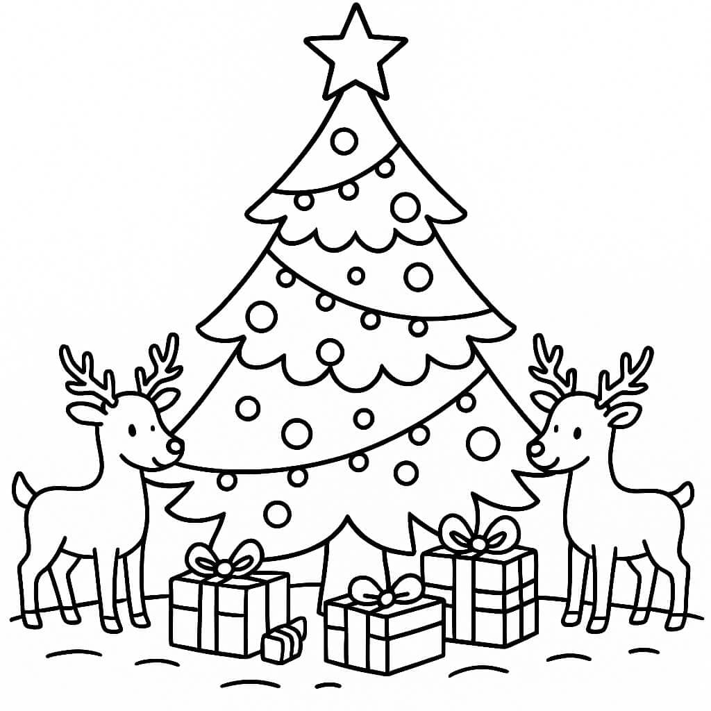 Weihnachtsbaum und Rentiere Ausmalbild