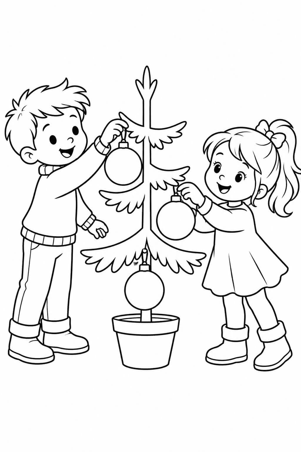 Kinder schmücken den Weihnachtsbaum – einfache Malvorlage für Kinder