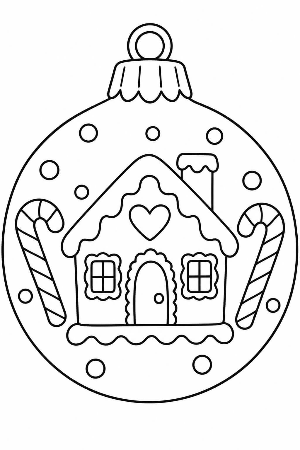 Eine Weihnachtskugel mit Lebkuchenhaus – einfache Malvorlage für Kinder