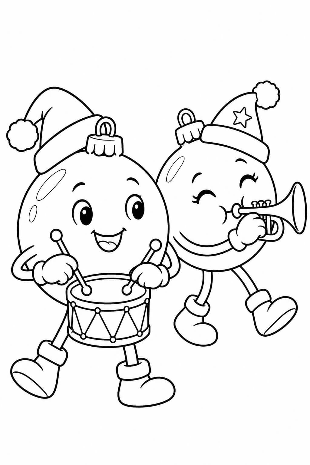 Weihnachtskugeln machen Musik – einfache Malvorlage für Kinder