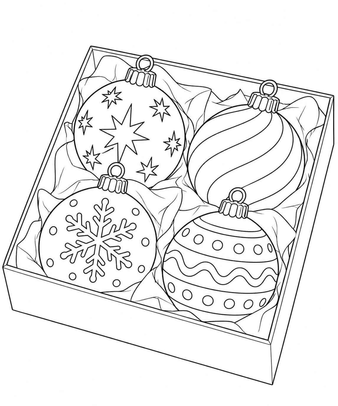 Realistische Weihnachtskugeln in einer Schachtel – Malvorlage in Schwarz-Weiß