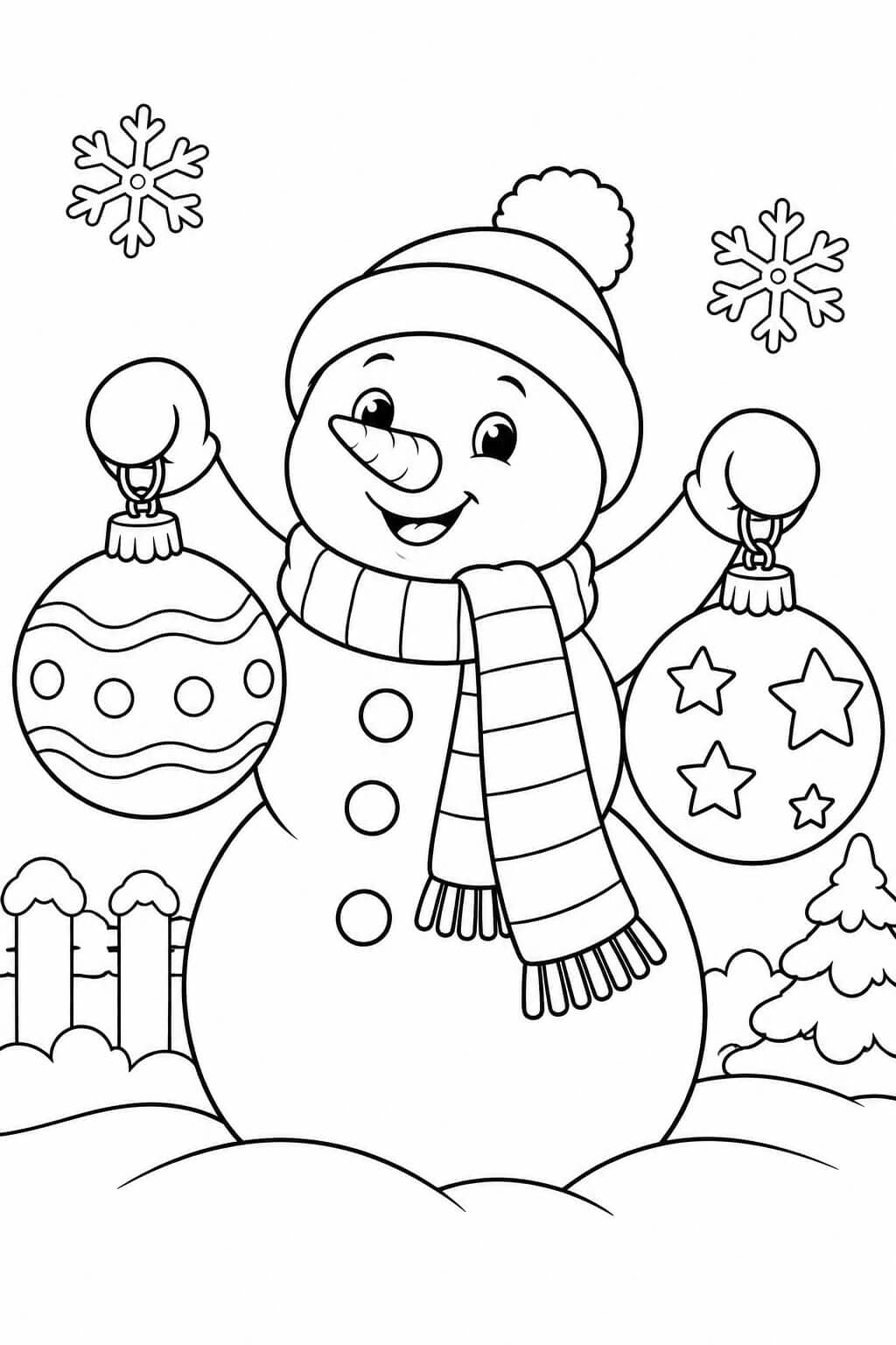 Ein Schneemann zeigt seine Weihnachtskugeln – einfache Malvorlage für Kinder