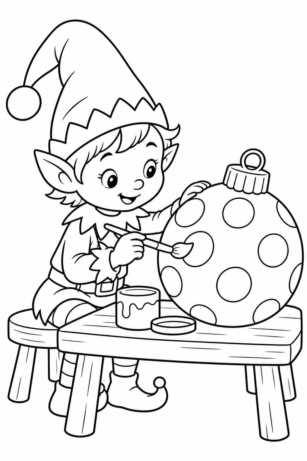 Ein Wichtel bemalt eine Weihnachtskugel – einfache Malvorlage für Kinder