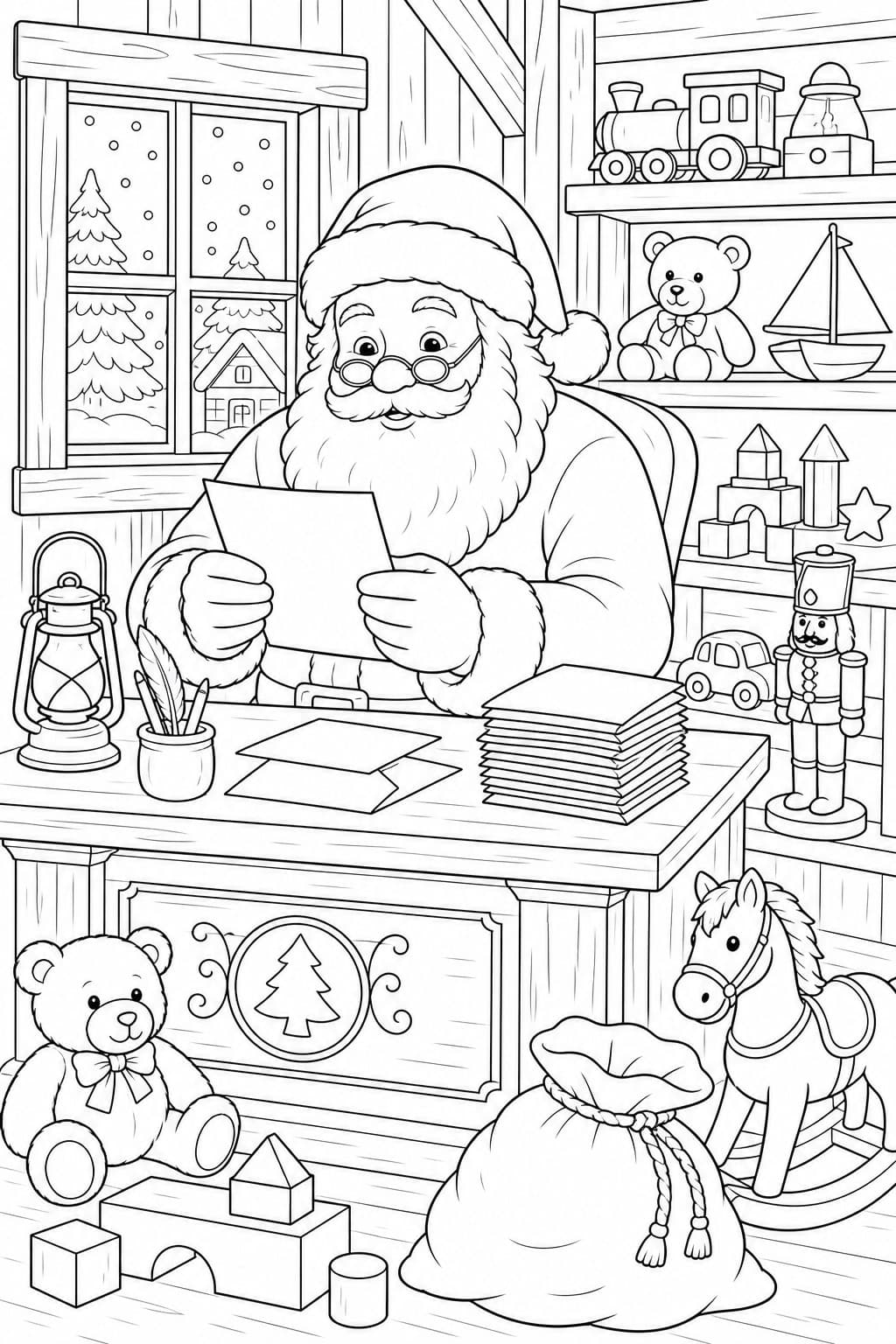 Weihnachtsmann liest Wunschzettel Ausmalbild