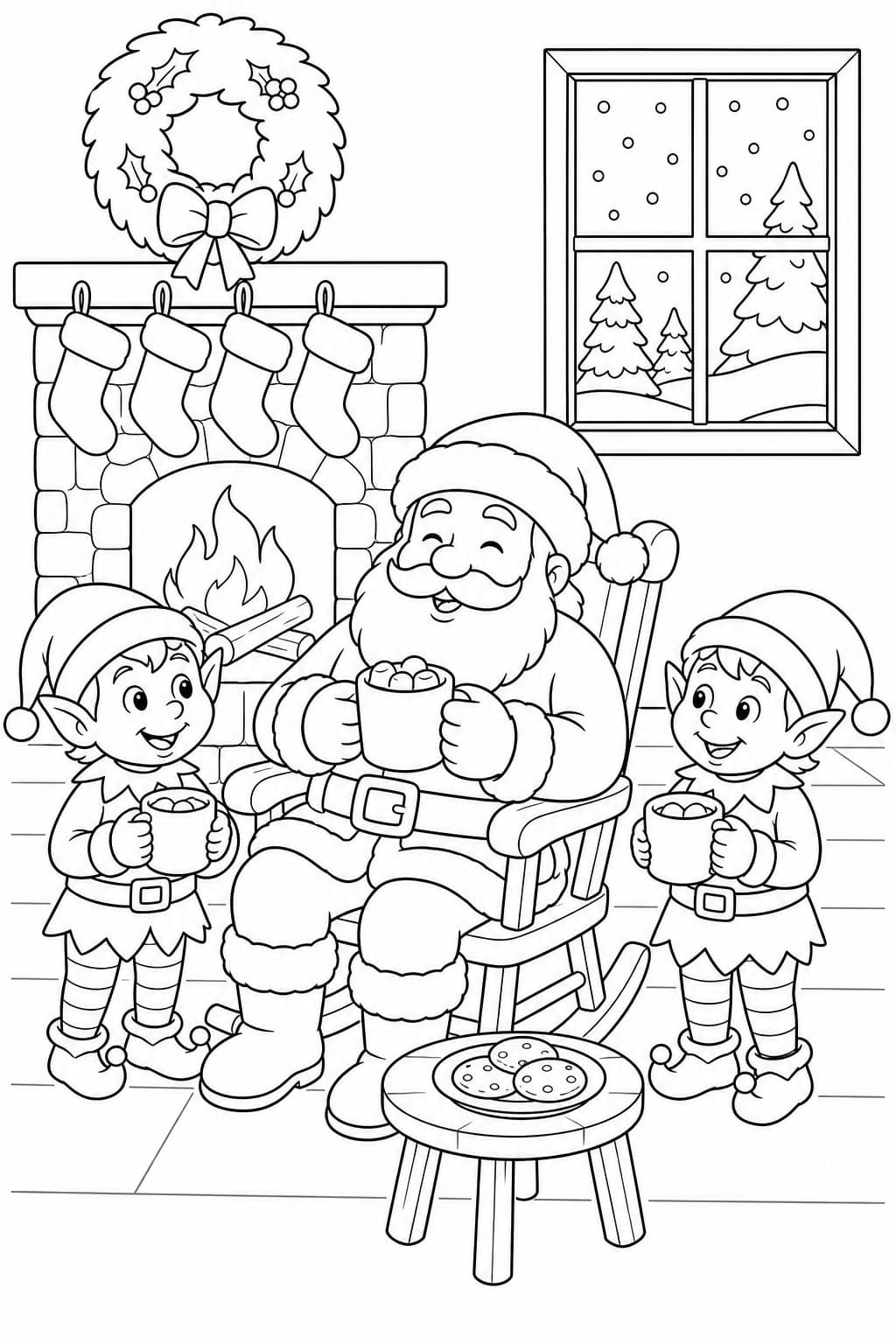 Weihnachtsmann trinkt Kakao mit Wichteln Ausmalbild
