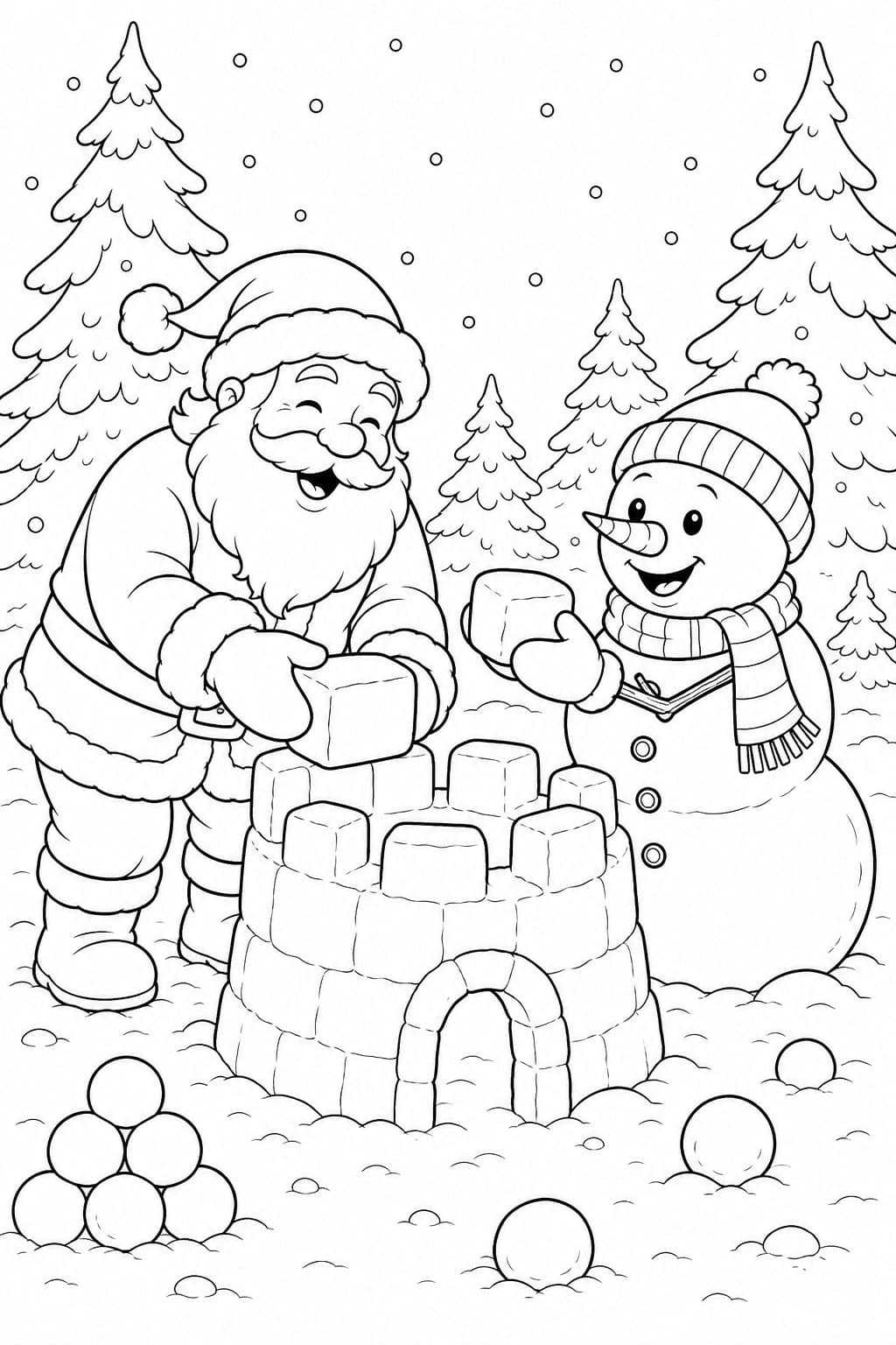 Weihnachtsmann und Schneemann bauen eine Schneeburg Ausmalbild