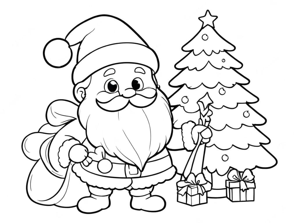 Weihnachtsmann und Weihnachtsbaum Ausmalbild