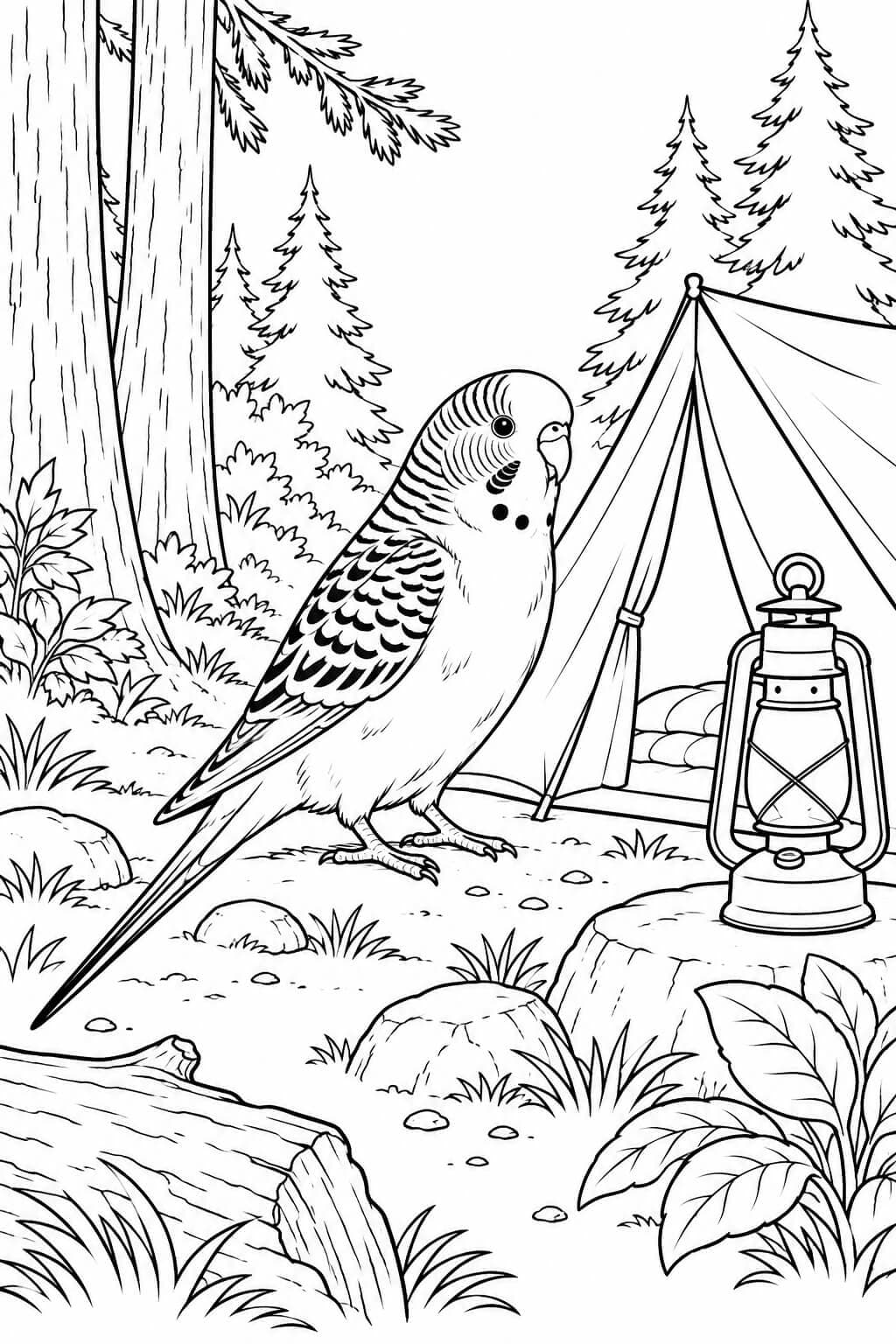 Wellensittich beim Camping Ausmalbild