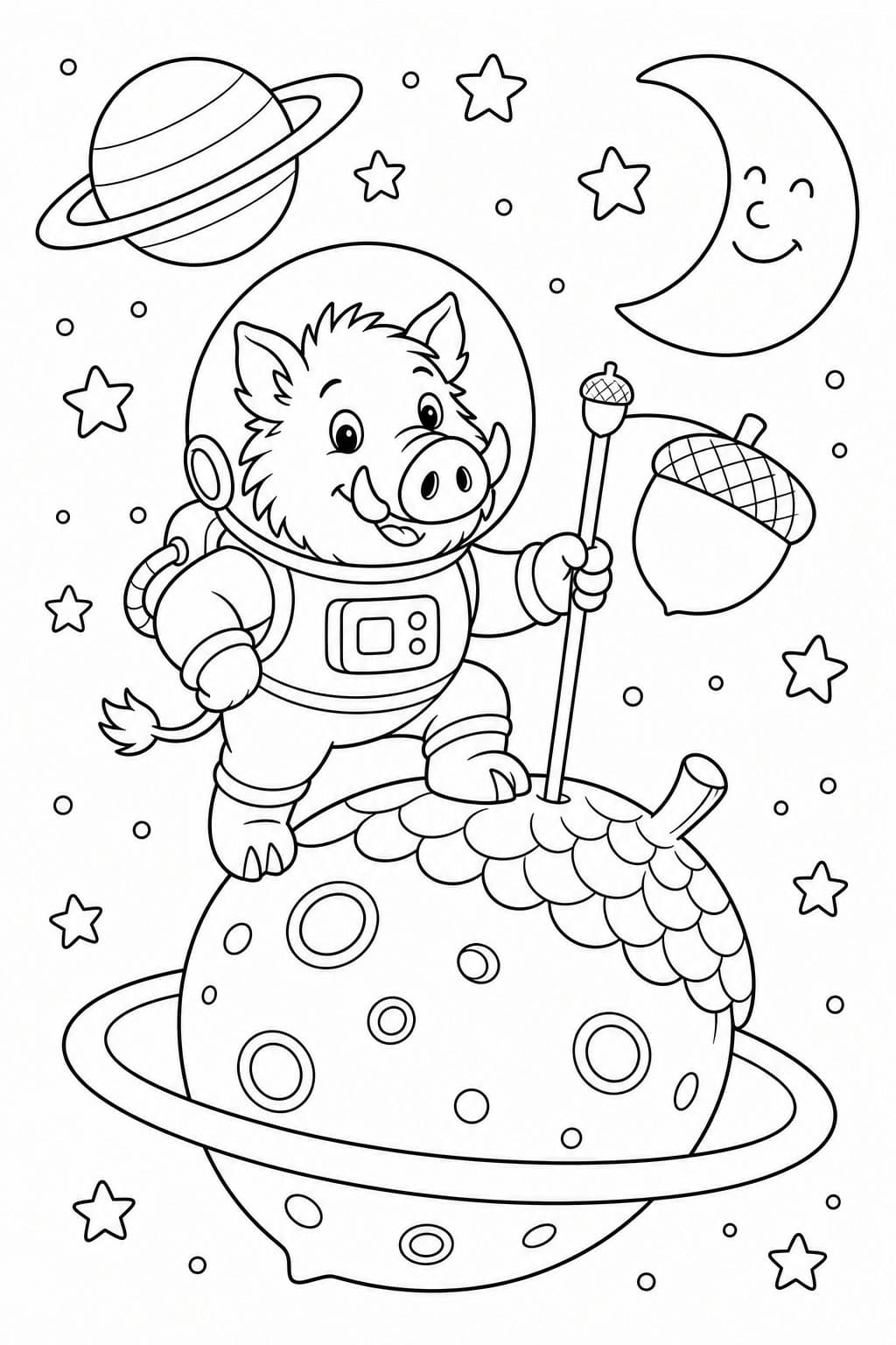Astronauten Wildschwein auf dem Eichelplaneten Ausmalbild