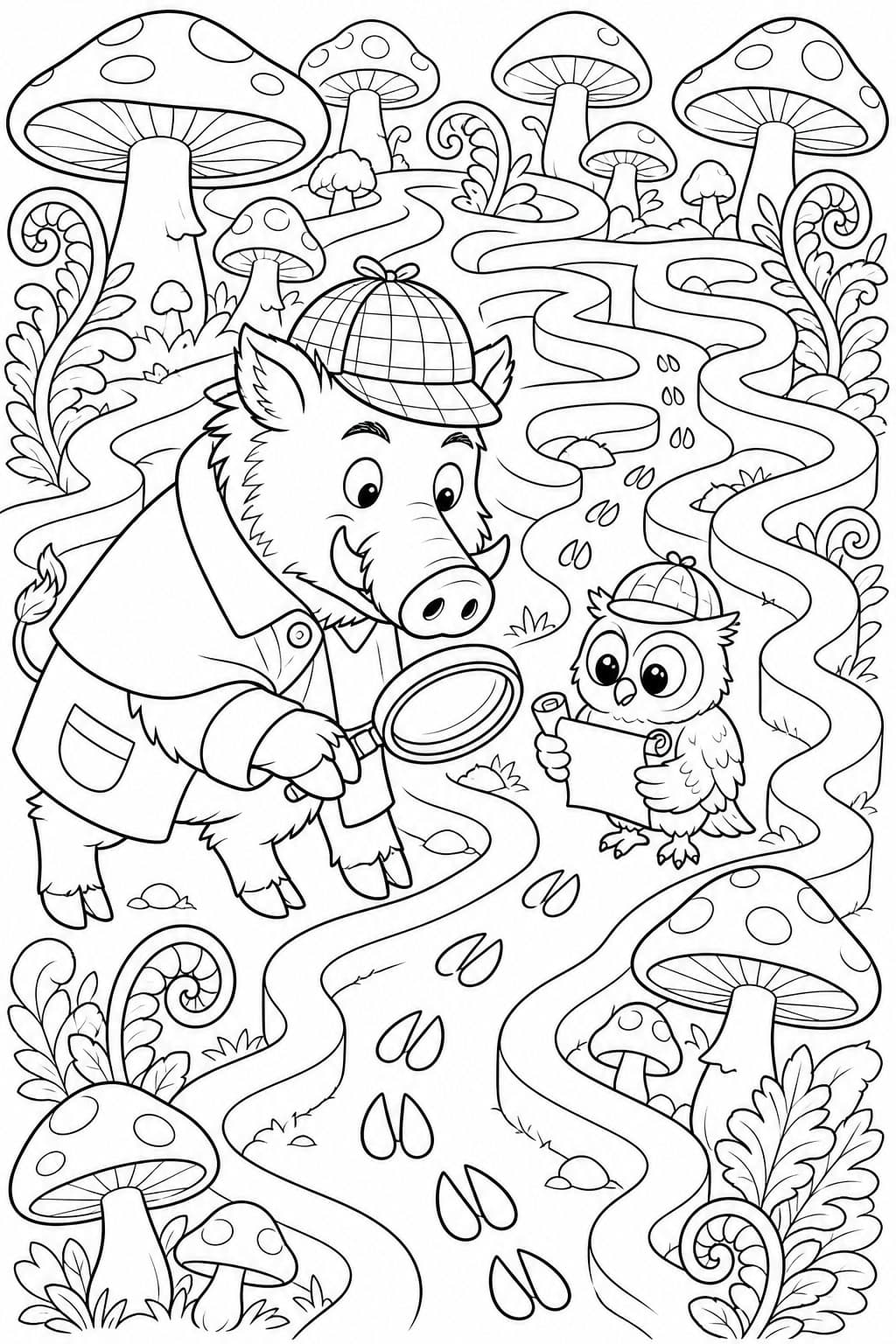Detektiv Wildschwein im Pilzlabyrinth Ausmalbild