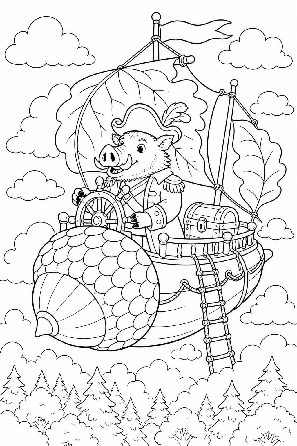Piraten Wildschwein im Eichelluftschiff Ausmalbild