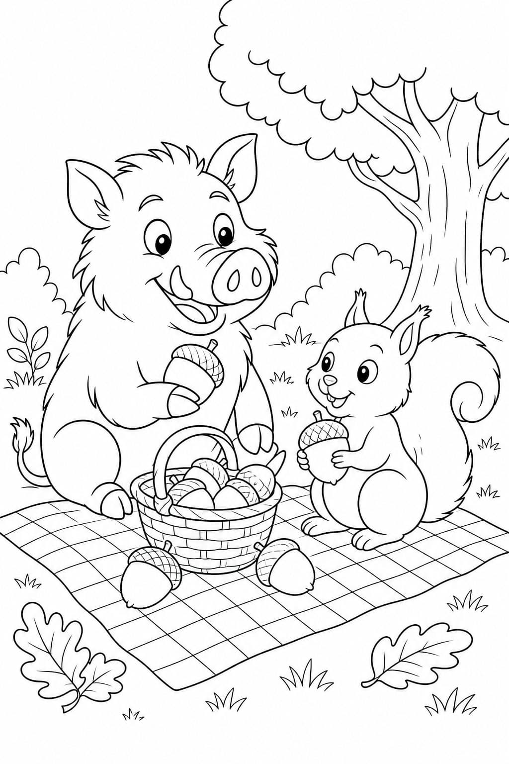 Wildschwein beim Eichelpicknick Ausmalbild