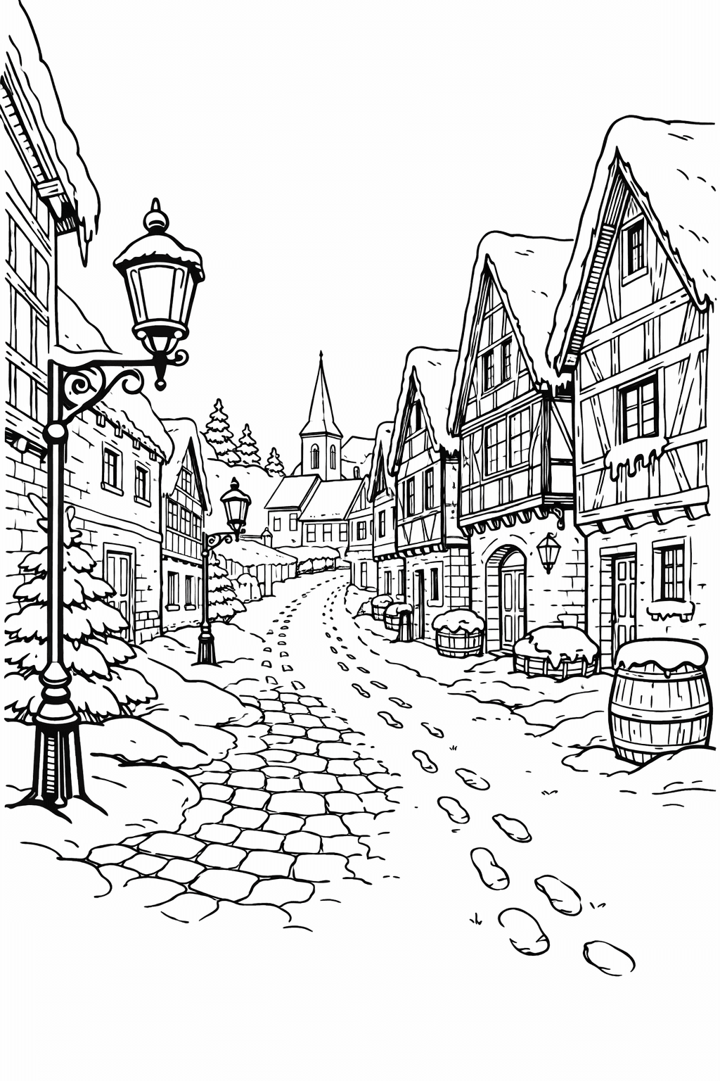 Dorfstraße im Winter Ausmalbild