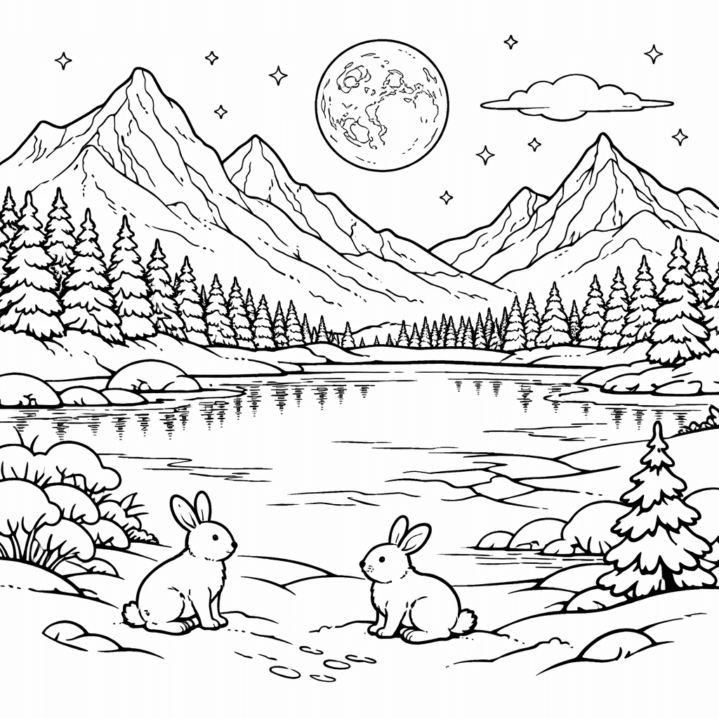 Gefrorener See mit Kaninchen Ausmalbild