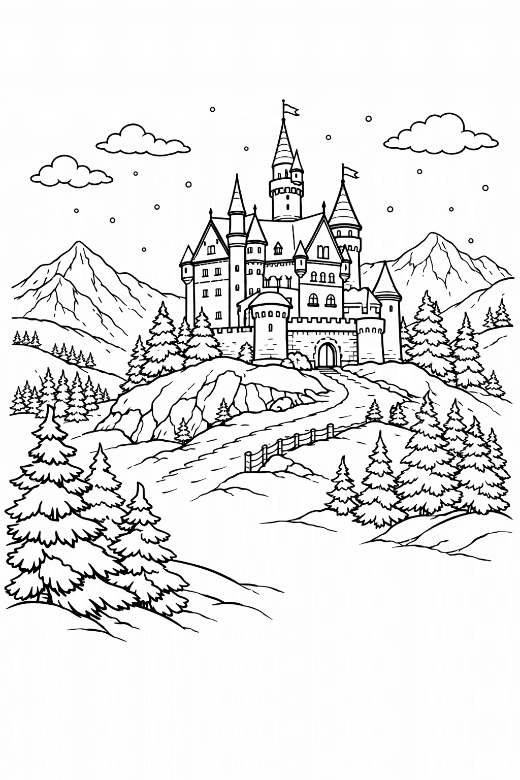 Schloss auf verschneitem Hügel Ausmalbild