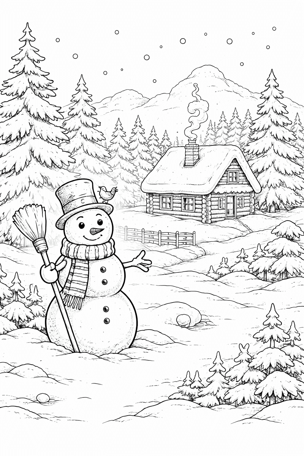 Schneemann und Berge Ausmalbild