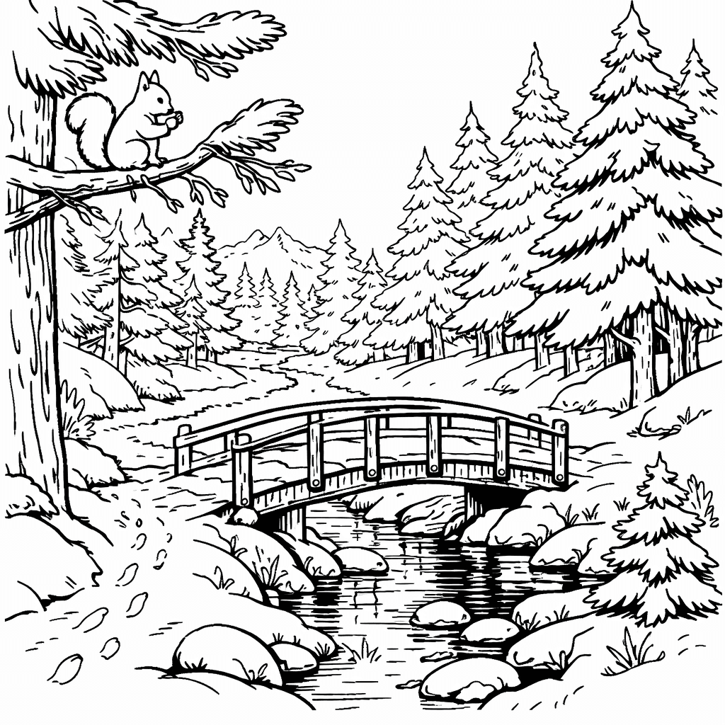 Waldpfad im Winter Ausmalbild