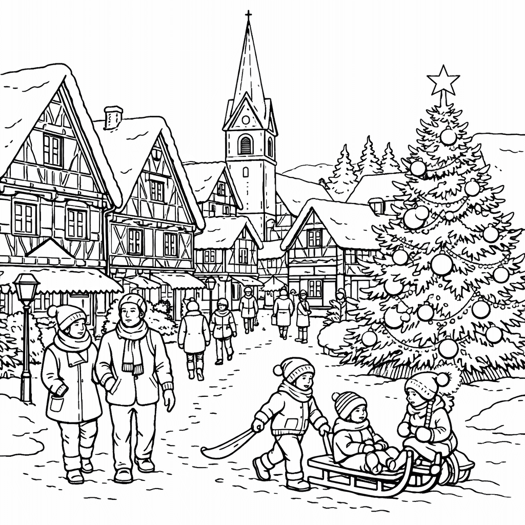 Winterlandschaft mit Menschen Ausmalbild