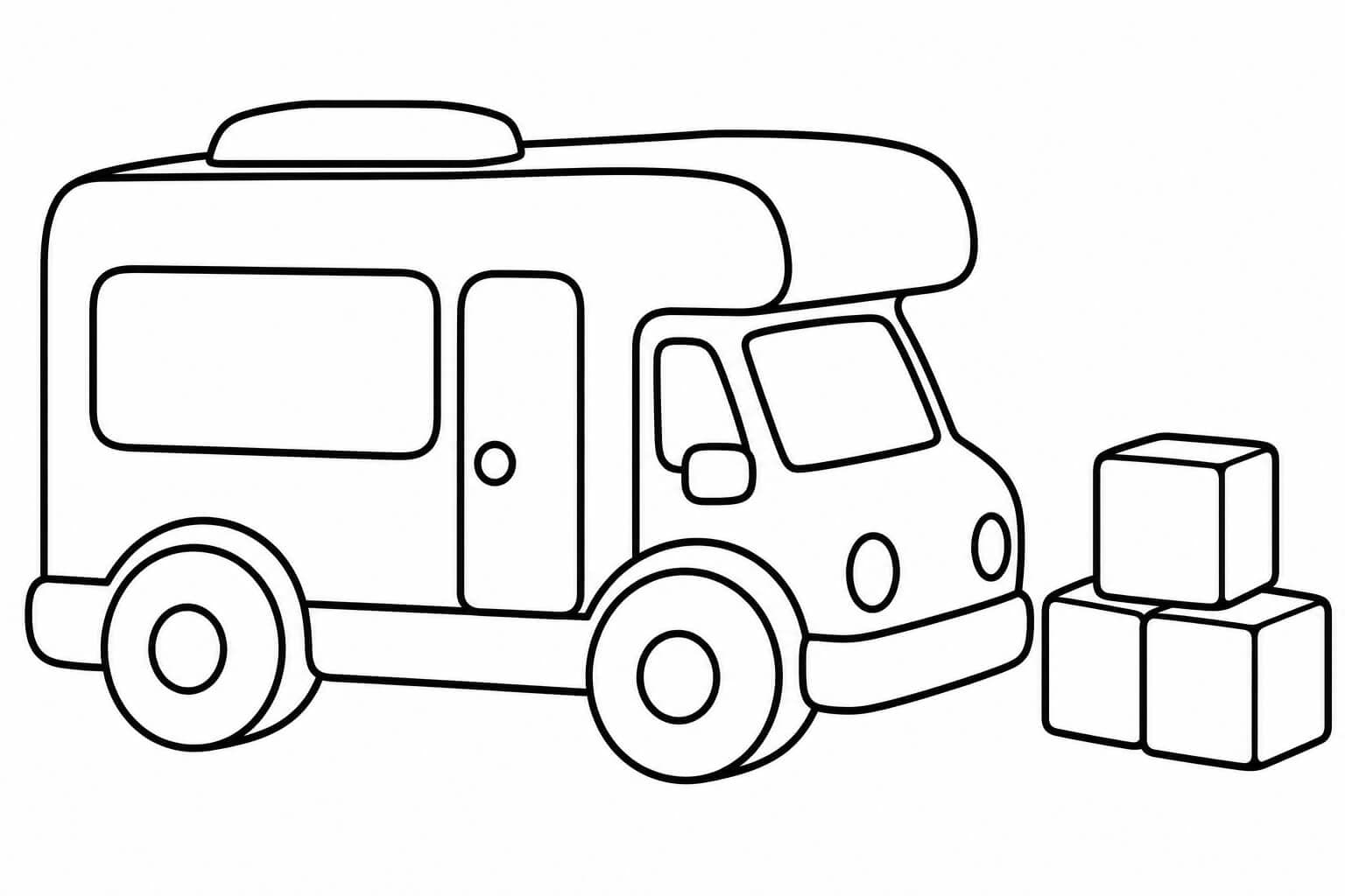Wohnmobil als Spielzeug – Ausmalbild in Schwarz-Weiß