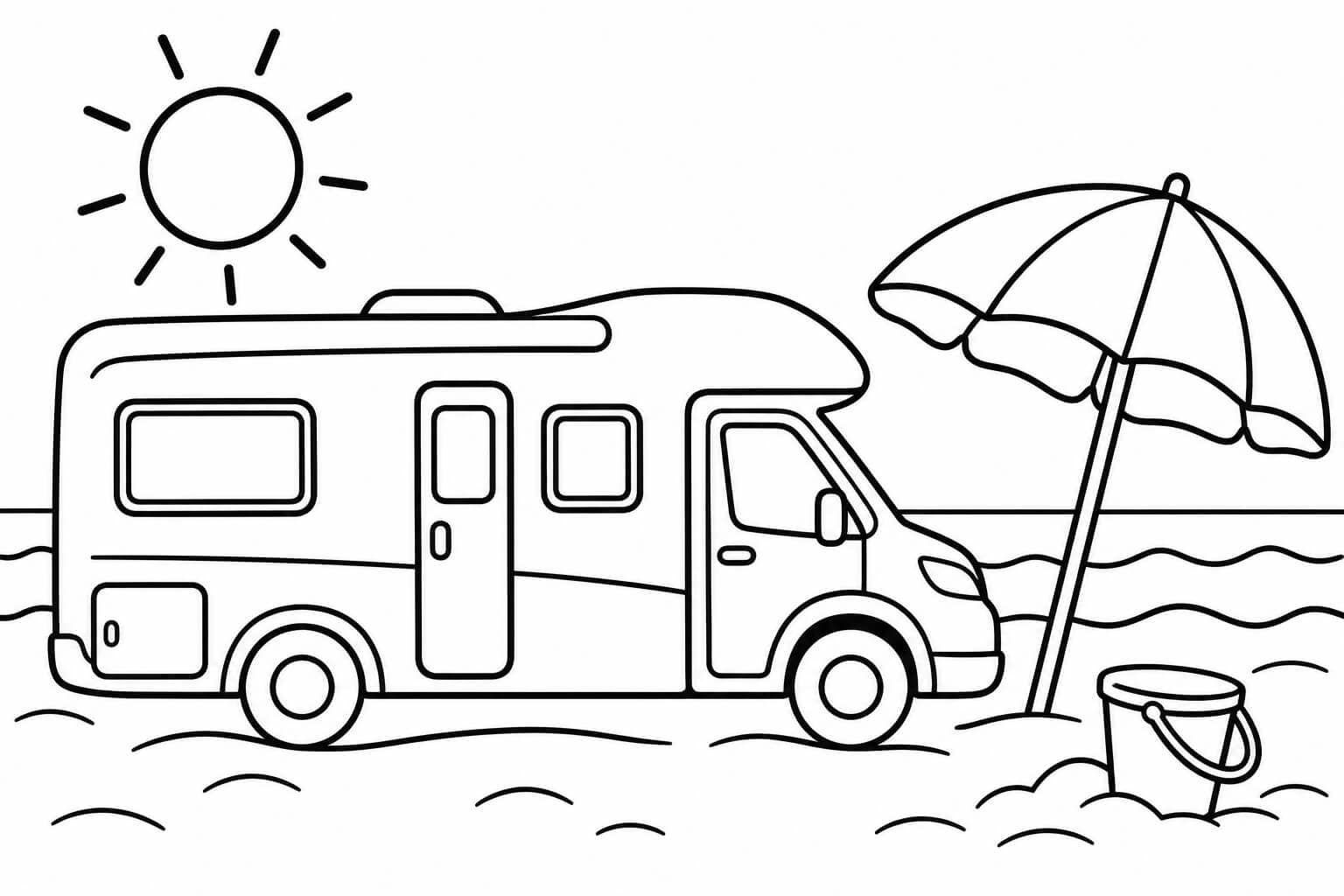 Wohnmobil am Strand – Ausmalbild in Schwarz-Weiß