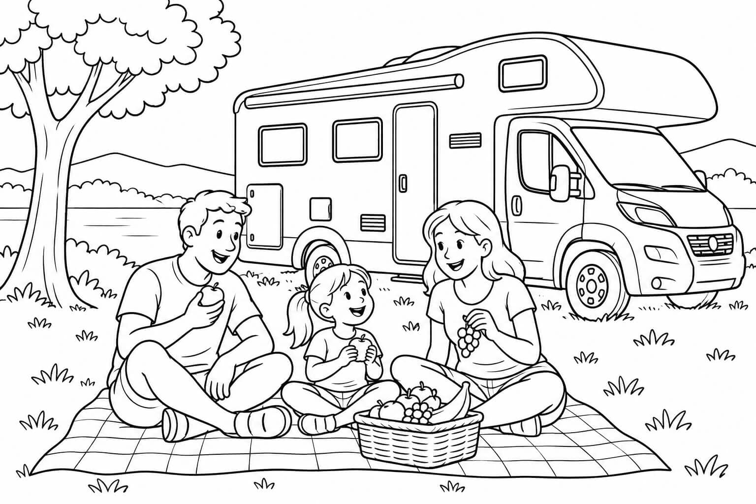 Familienpicknick vor dem Wohnmobil – Ausmalbild in Schwarz-Weiß