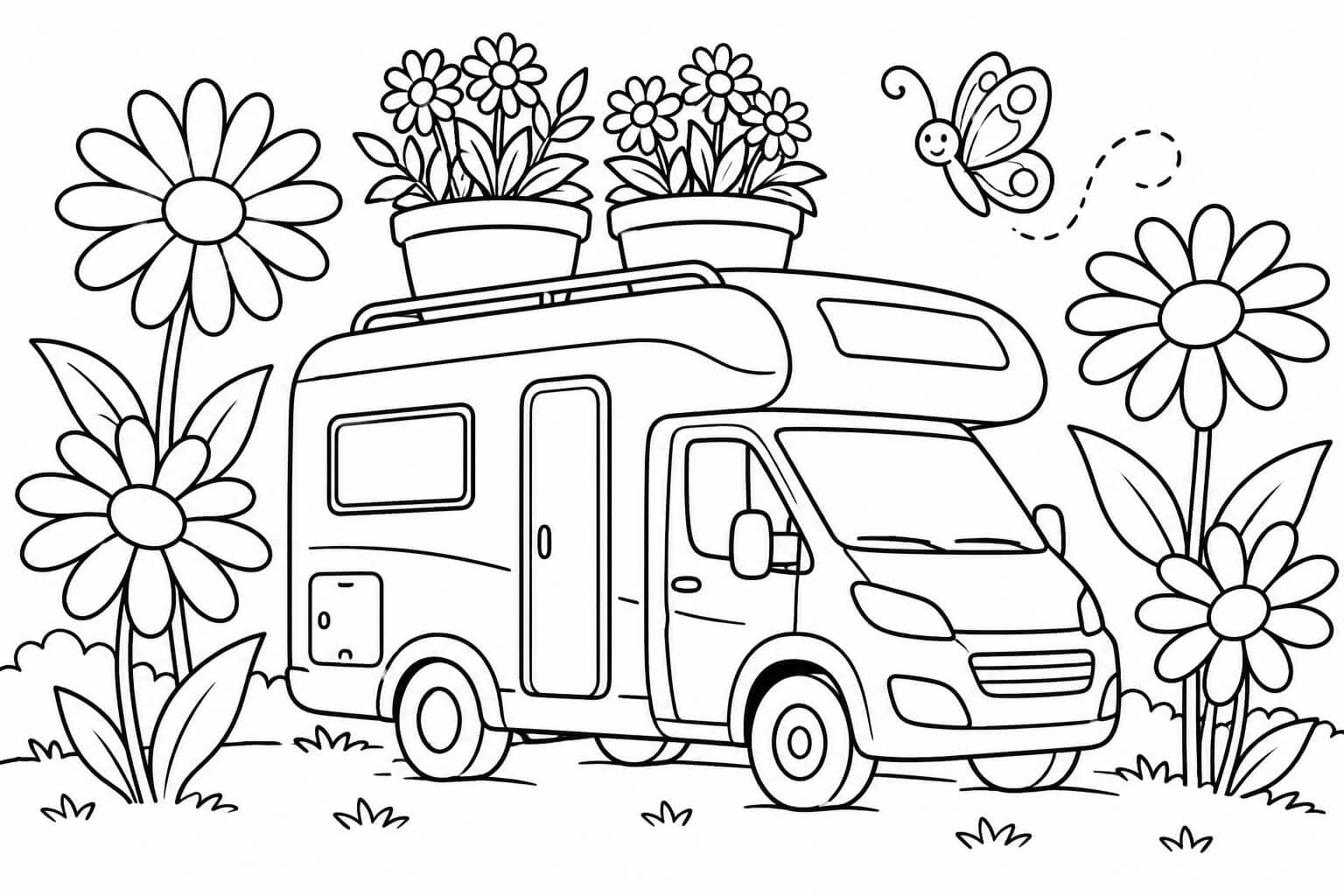 Wohnmobil im Blumengarten – Ausmalbild in Schwarz-Weiß