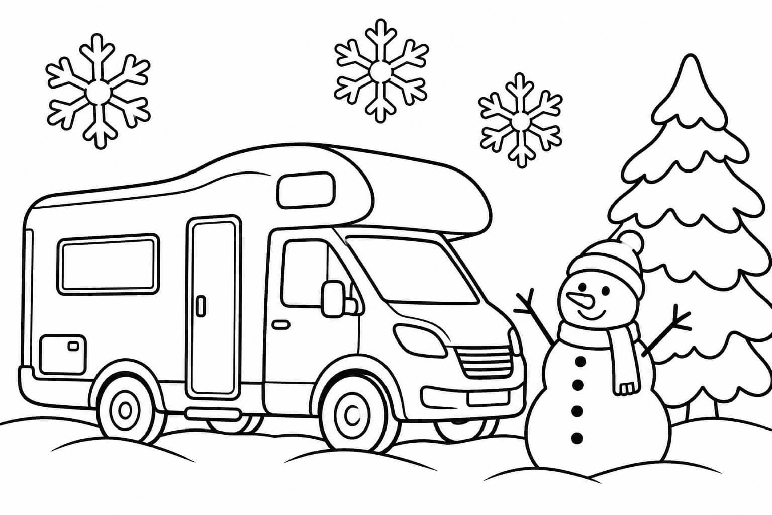 Wohnmobil im Schnee – Ausmalbild in Schwarz-Weiß