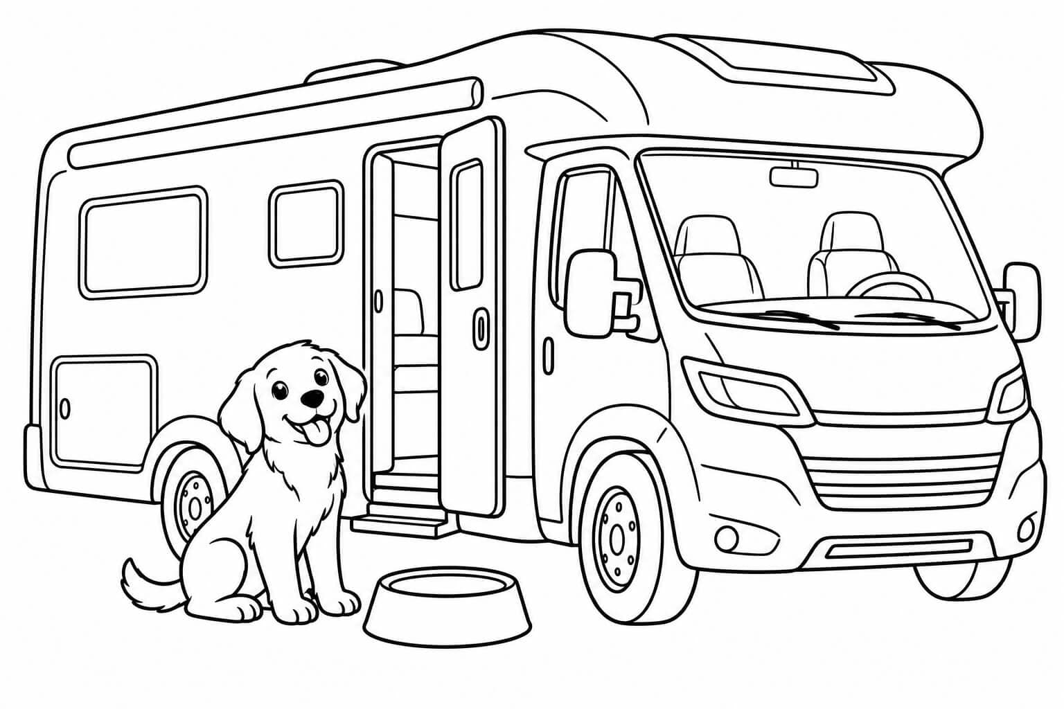 Wohnmobil mit Hund – Ausmalbild in Schwarz-Weiß